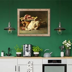 «Still Life of a Chicken and Cutlets, 1876» в интерьере кухни с зелеными стенами