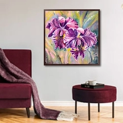 «Цветы орхидеи. Акварель» в интерьере гостиной в бордовых тонах