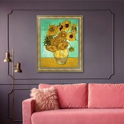 «Sunflowers, 1888 2» в интерьере гостиной с розовым диваном