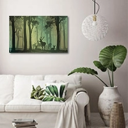 «Силуэты оленей в зеленом лесу» в интерьере светлой гостиной в скандинавском стиле над диваном