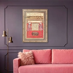 «Illumination from a Persian treatise on chess, possibly 14th century» в интерьере гостиной с розовым диваном