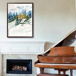 «Зимний пейзаж с горной деревней, покрытой снегом.» в интерьере классической гостиной над камином