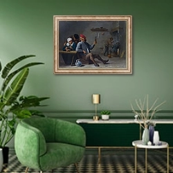 «Мужчина со стаканом и немолодая женщина, разжигающая трубку» в интерьере гостиной в зеленых тонах