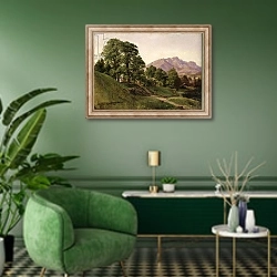 «Landscape in Upper Bavaria, 1836» в интерьере гостиной в зеленых тонах