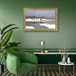 «Early Spring, 1898-99» в интерьере гостиной с зеленой стеной над диваном