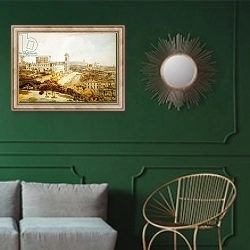 «A View of Rome taken from the Pincio, 1776» в интерьере классической гостиной с зеленой стеной над диваном