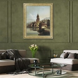 «Пейзаж с замком.1839 год» в интерьере гостиной в оливковых тонах