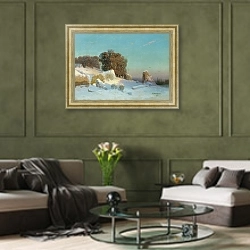 «Зимний пейзаж 8» в интерьере гостиной в оливковых тонах