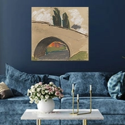 «Village Bridge over a River» в интерьере современной гостиной в синем цвете
