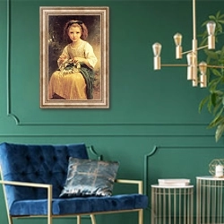 «Девочка, плетущая венок» в интерьере в классическом стиле с зеленой стеной