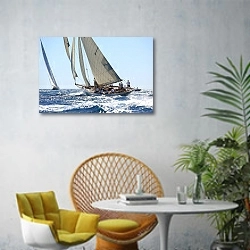 «Яхта в океане в солнечный день №2» в интерьере современной гостиной с желтым креслом