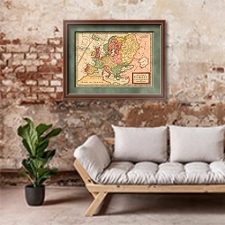 «A New Map of Europe According to the Newest Observations by H. Moll Geographer. c. 1720» в интерьере гостиной в стиле лофт над диваном