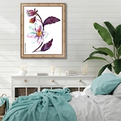 «Белый цветок с фиолетовыми листьями» в интерьере спальни в стиле прованс с голубыми деталями