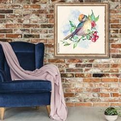 «Акварельная птичка на ветке с красными ягодами» в интерьере в стиле лофт с кирпичной стеной и синим креслом