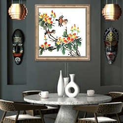 «Китайские птички на цветущем кусте» в интерьере в этническом стиле над столом