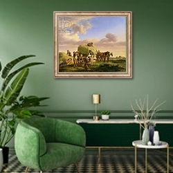 «Haymakers resting in a field» в интерьере гостиной в зеленых тонах
