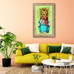 «Лев в вязаном свитере» в интерьере гостиной в стиле поп-арт с желтым диваном