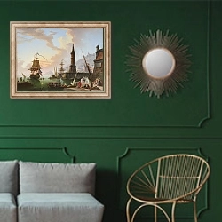 «Морской порт 2» в интерьере классической гостиной с зеленой стеной над диваном