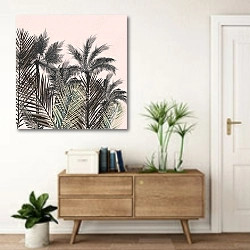 «Пальмы и тропические листья на фоне розового неба» в интерьере современной прихожей над тумбой