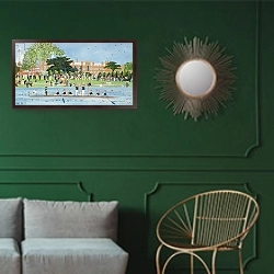 «The Procession of Boats at Eton College» в интерьере классической гостиной с зеленой стеной над диваном