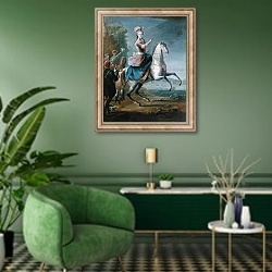 «Equestrian Portrait of Maria Leszczynska» в интерьере гостиной в зеленых тонах