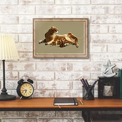 «Львица со львятами на оливковом фоне» в интерьере кабинета в стиле лофт над столом