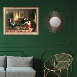 «Children playing at coach and horses, 19th century» в интерьере классической гостиной с зеленой стеной над диваном