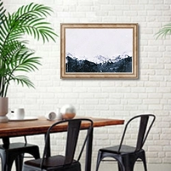 «Горный пейзаж зимой» в интерьере столовой в скандинавском стиле с кирпичной стеной
