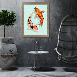 «Две плывущие рыбки кои» в интерьере в этническом стиле в серых тонах