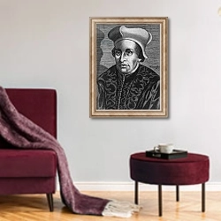 «Portrait of Francesco Guicciardini» в интерьере гостиной в бордовых тонах