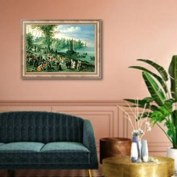 «Wooded River Landscape with Peasants and Travellers» в интерьере классической гостиной над диваном