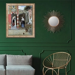 «Внутренний двор дома в Делфте» в интерьере классической гостиной с зеленой стеной над диваном