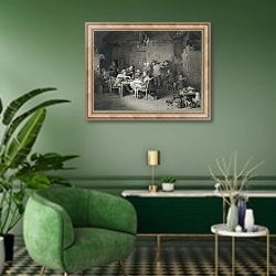 «The Village Politicians, engraved by Abraham Raimbach, 1814» в интерьере гостиной в зеленых тонах