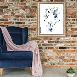 «Акварельный рисунок с журавлем и листьями» в интерьере в стиле лофт с кирпичной стеной и синим креслом