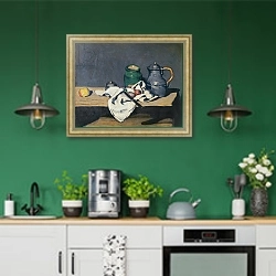 «Still life with a tin kettle, 1869» в интерьере кухни с зелеными стенами