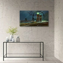 «Фантастический городской горизонт ночью» в интерьере в стиле минимализм над столом