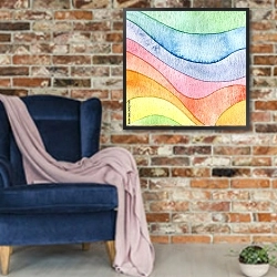 «Абстрактная волна, акварель» в интерьере в стиле лофт с кирпичной стеной и синим креслом