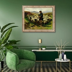 «The Highland Shepherd, 1859» в интерьере гостиной в зеленых тонах
