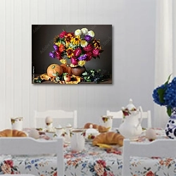 «Осенний натюрморт с цветами и фруктами.» в интерьере кухни в стиле прованс над столом с завтраком