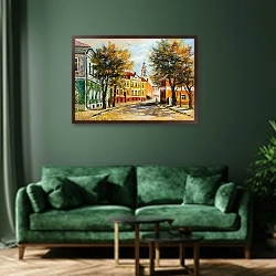 «Древний Витебск осенью» в интерьере зеленой гостиной над диваном