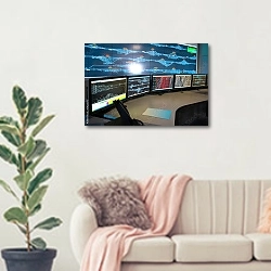 «Диспетчерская на железнодорожной станции» в интерьере современной светлой гостиной над диваном