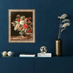 «A Bouquet of Flowers with Camellias in a Silver Vase» в интерьере в классическом стиле в синих тонах