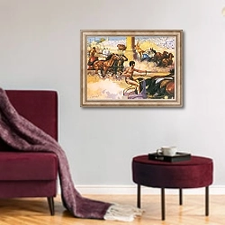 «Race of the four horse chariots» в интерьере гостиной в бордовых тонах