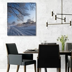 «На окраине села Красково. Зима» в интерьере современной столовой с черными креслами