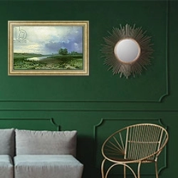 «Wet Meadow, 1872» в интерьере классической гостиной с зеленой стеной над диваном
