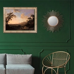 «Idyllic landscape at dusk, 1782» в интерьере классической гостиной с зеленой стеной над диваном