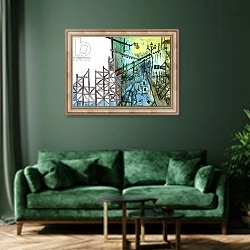 «Invisible Cities, 2011, watercolour and ink» в интерьере зеленой гостиной над диваном