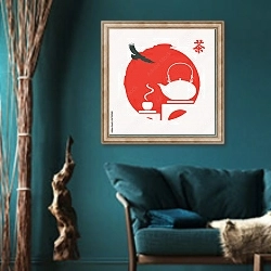 «Черный орел и белый силуэт чайной церемонии в красном декоративном солнце» в интерьере зеленой гостиной в этническом стиле над диваном