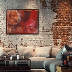 «Абстрактная картина #32» в интерьере гостиной в стиле лофт с кирпичной стеной