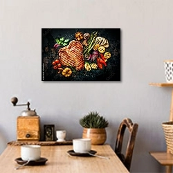 «Стейк из говядины с овощами-гриль» в интерьере кухни над обеденным столом с кофемолкой